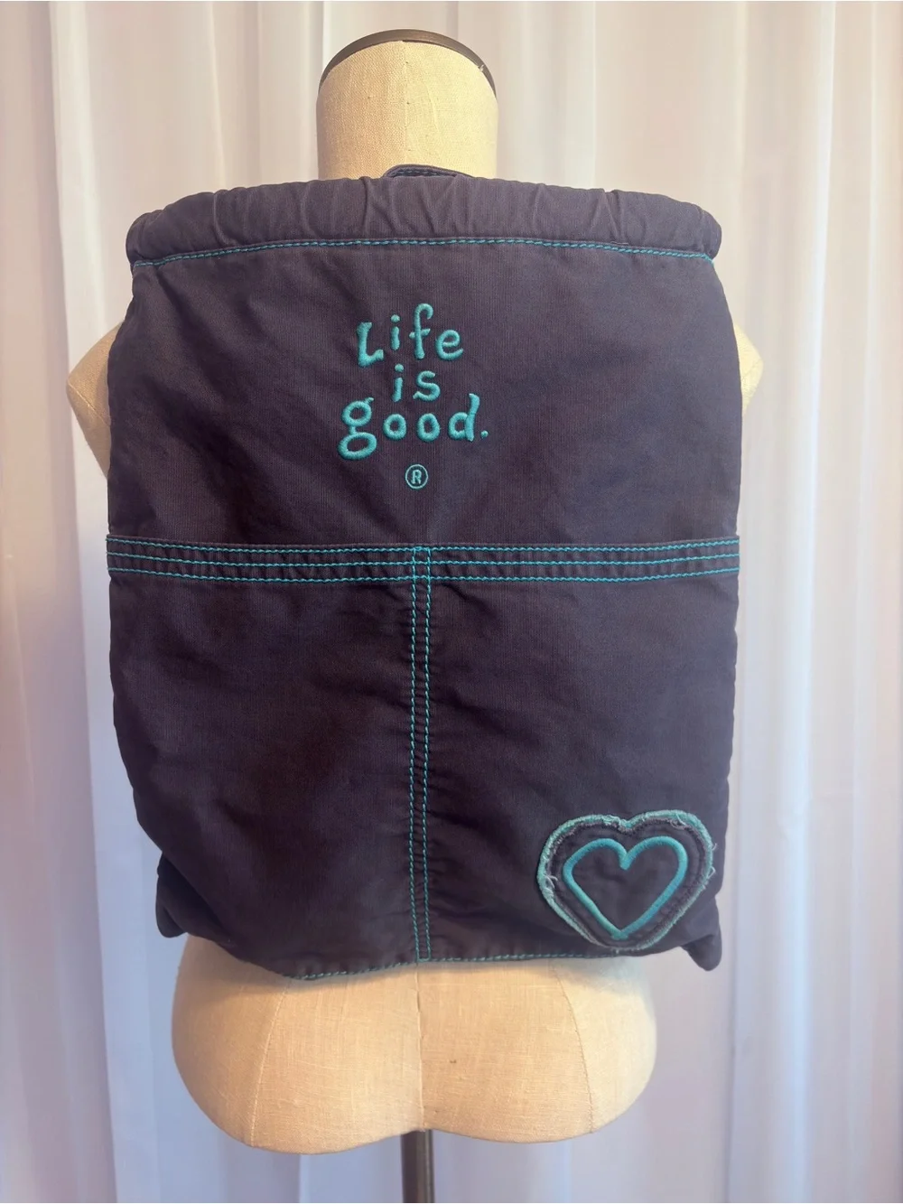 Life is Good Navy Blue Drawstring BackPack with Teal Embroidery Heart Cinch